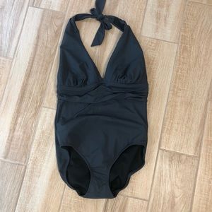 Lands End one piece swim suit grey sz 12 bathing suit tie neck